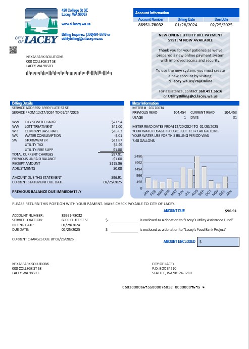 USA Washington City of Lacey water business utility bill template in Word and PDF formats (proof of address)